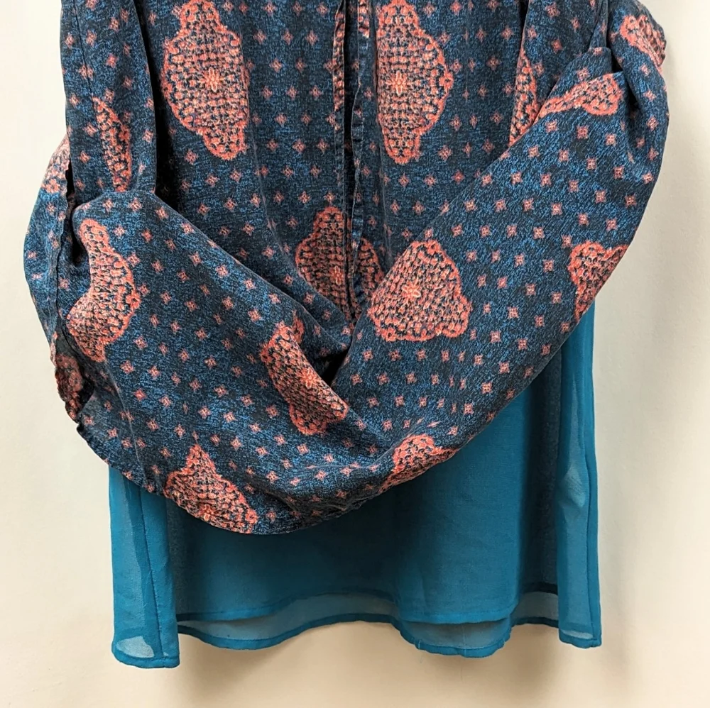 Lucky Brand Tank Dress Drawstring Waist Button Front Medallion Print Blue Pink S